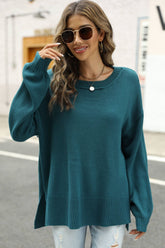 Strickpullover mit High-Low-Schlitz und geripptem Besatz